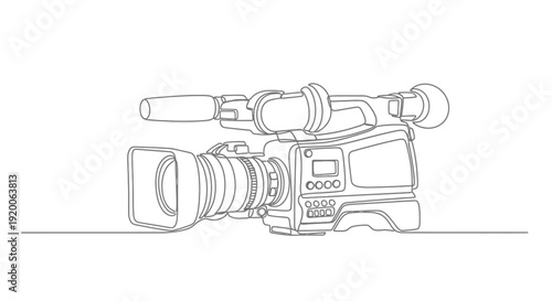 Professional Video Camera on Stand, Line Drawing for Filmmaking and Production
