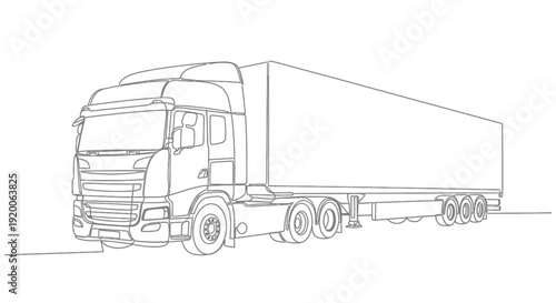 Heavy-Duty Truck and Trailer, Line Art Depicting Logistics and Transportation