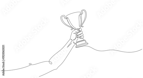 Hand Holding Up a Trophy, Line Art Symbolizing Victory and Achievement