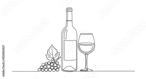 Wine Bottle, Glass, and Grapes in Line Art, Symbolizing Enjoyment and Celebration