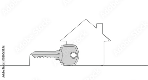 House Outline with Key, Minimalist Line Art for Real Estate and Home Ownership