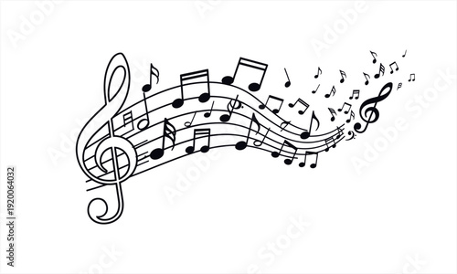 Musical notes flowing on a staff with a treble clef.