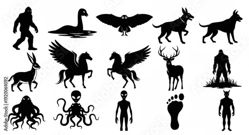 Collection of mythical creature and cryptid silhouettes.