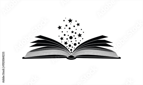 Open book with stars and magic emanating from its pages.