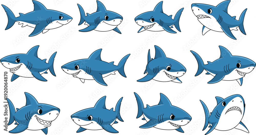 Naklejka premium Cute Shark Cartoon Character Poses Set