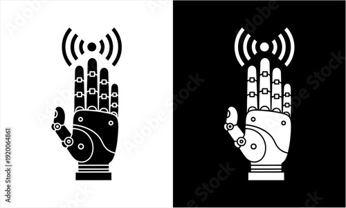 Robotic Hand with Wireless Signal Icon in Black and White.