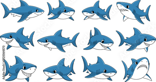 Cute Shark Cartoon Character Poses Set