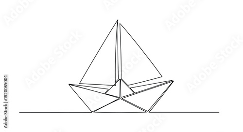 Origami paper boat sailing, minimalist line art symbolizing journey and childhood dreams
