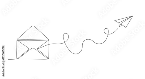 Envelope sending a paper airplane, continuous line art for fast communication and email