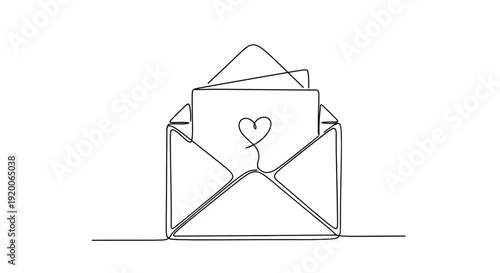Open envelope with heart card, minimalist line art for love message