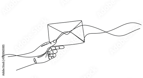 Hand holding envelope with flowing line, minimalist concept of sending mail