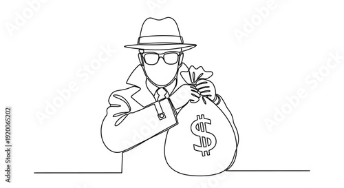 Single Line Art of a Mysterious Figure with a Bag of Money, Crime and Wealth