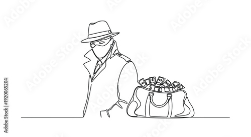 Continuous Line Drawing Thief with Bag of Euros, Illegal Money Transfer