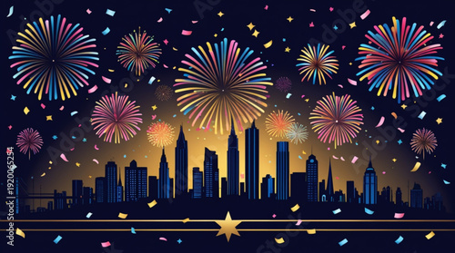 A vibrant city skyline celebrates with colorful fireworks and confetti at night