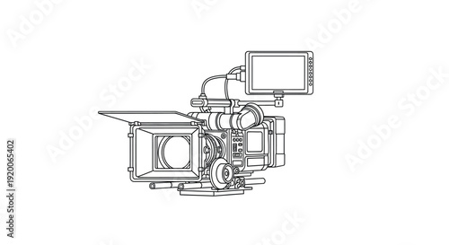 Professional cinema camera on rig, single line art, filmmaking, technical