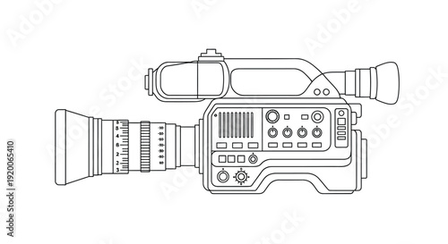 Broadcast camera with lens and monitor, single line art, professional