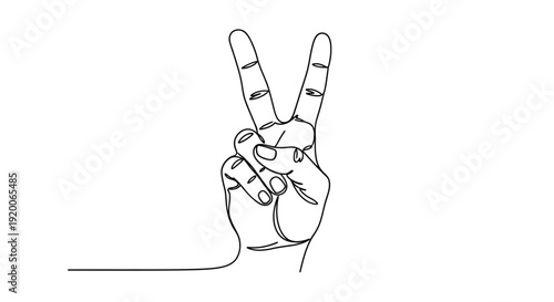 Hand Gesturing Peace Sign with Two Fingers Up, Line Art Style
