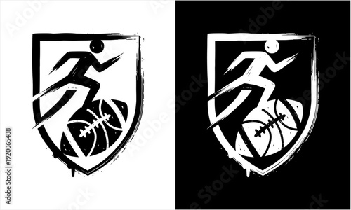 Rugby player running with ball in a shield emblem design.