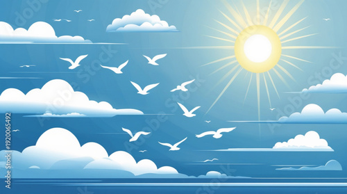 A serene vector illustration of seagulls flying under a sunny blue sky