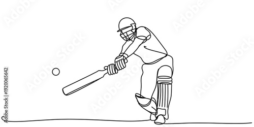 Minimalist line drawing of a professional cricket batsman hitting a ball during a match