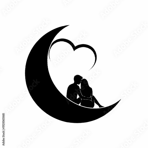 Couple Silhouetted on Crescent Moon with Heart Shape.
