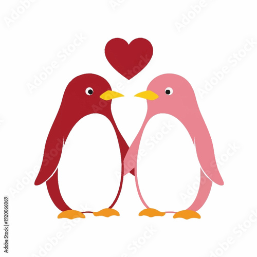 Two cute penguins in love with a heart.