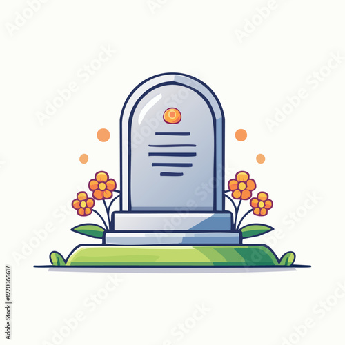 Gravestone Illustration with Flowers and Green Grass.