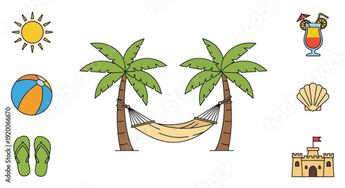 Tropical Vacation Icons: Palm Trees, Hammock, Beach Ball, Flip Flops, Cocktail, Seashell, Sandcastle