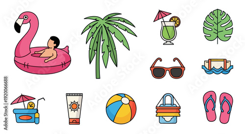 Summer Vacation Icons: Flamingo Float, Palm Tree, Cocktail, Sunglasses, Beach Ball, Sunscreen