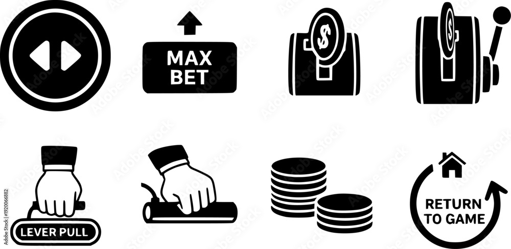 Fototapeta premium Casino Slot Machine Interface Icons Featuring Max Bet Buttons Lever Pulls And Coin Stacks