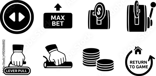Casino Slot Machine Interface Icons Featuring Max Bet Buttons Lever Pulls And Coin Stacks