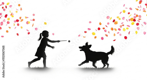 Silhouette of a joyful little girl playing fetch with her happy dog amidst colorful confetti