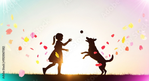 Silhouette of a joyful girl and dog playing together outdoors at sunset with colorful petals floating around