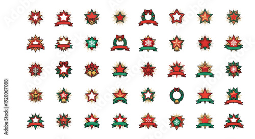Christmas Stars and Wreaths Collection: Festive Holiday Icons with Ribbons & Bells