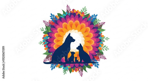Vibrant floral design with dog and cat silhouettes in colorful wreath pet love theme