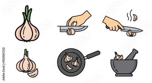 Garlic preparation steps: chopping, mincing, frying, and crushing