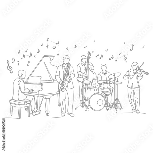 Continuous line drawing of a jazz band playing various instruments with musical notes flowing.