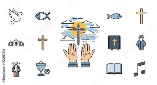 Christianity Icons Set: Faith, Worship, Prayer, Bible, Cross, Dove, Fish