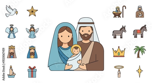 Nativity Scene Icons: Holy Family, Angels, Wise Men, Donkey, Star
