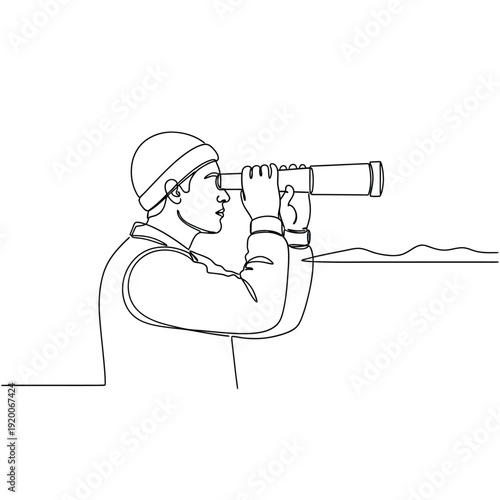 Foto Continuous line drawing of a man looking through a spyglass, concept of vision and discovery