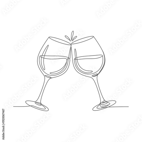 Continuous line art of two wine glasses clinking together, symbolizing celebration.