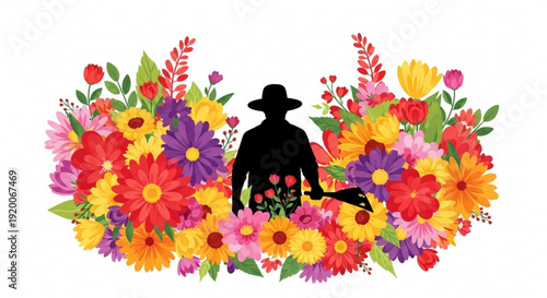 Silhouette of a gardener surrounded by vibrant colorful flowers and greenery on white background gardening concept