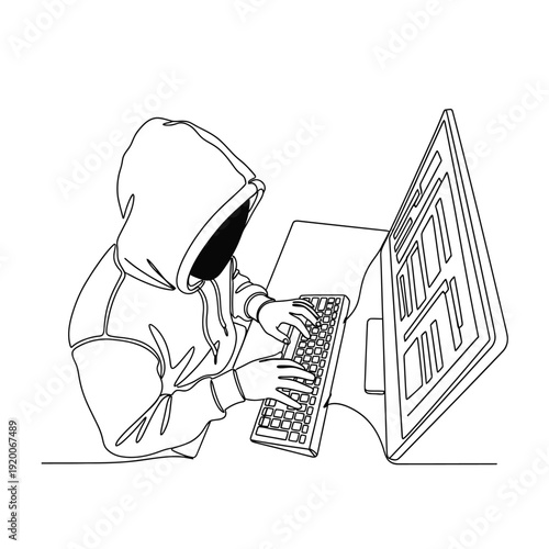 Continuous line drawing of a hacker in a hoodie at a computer, depicting cyber security threats.