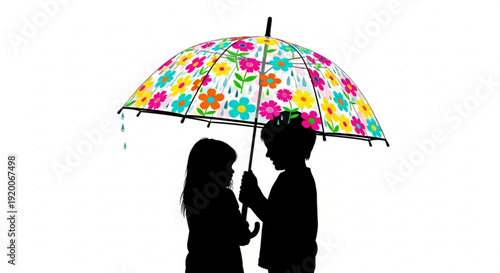 Silhouette of a romantic couple standing under a vibrant floral umbrella on a rainy day together