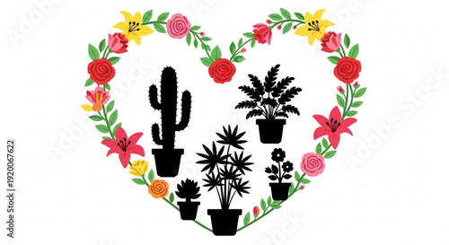 Heart shaped floral wreath with potted cacti and succulents on white background symbolizing love for plants and gardening