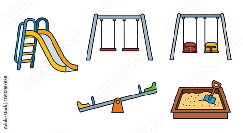 Playground equipment icons: slide, swings, seesaw, sandbox with shovel, isolated on white