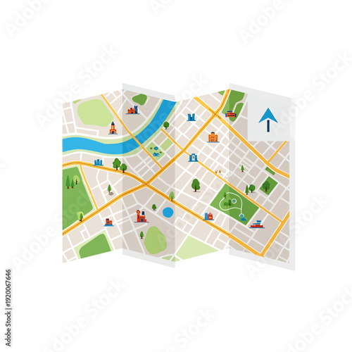 Overlapped city map printouts with a blue arrow pointing up on a white background.
