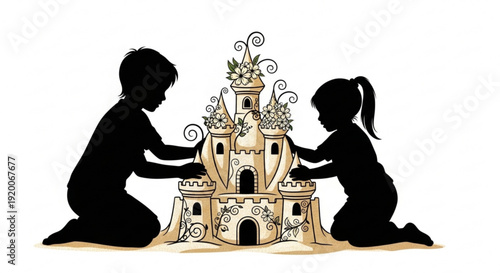 Two children building sandcastle together on beach vacation with towers and seashells