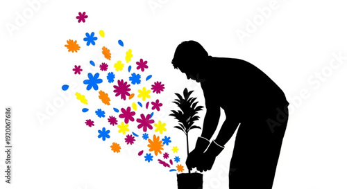Silhouette of a man gardening with colorful flowers emerging from the soil symbolizing growth and nurturing in a vibrant stylized illustration