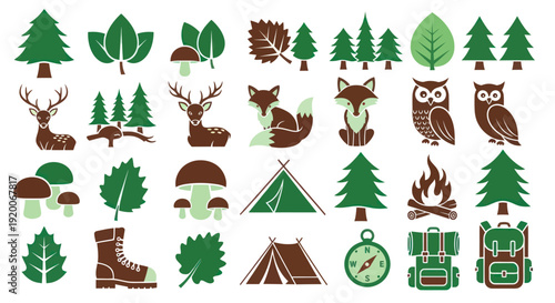 Forest Elements: Trees, Animals, Camping Gear Icons and Symbols